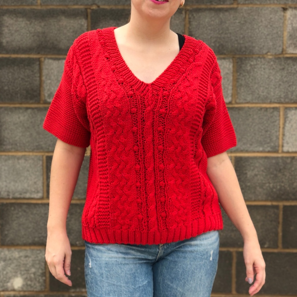Hand‎ Knit Red Koret 90s Vintage Short Sleeve Top